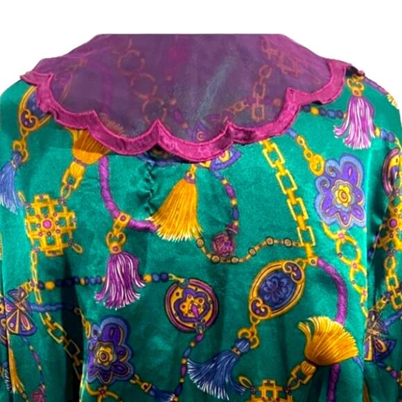 VICTORIAS SECRET🎄VTG PAJAMA SET Satiny teal green purple gold tassel print SZ SM - Picture 6 of 12
